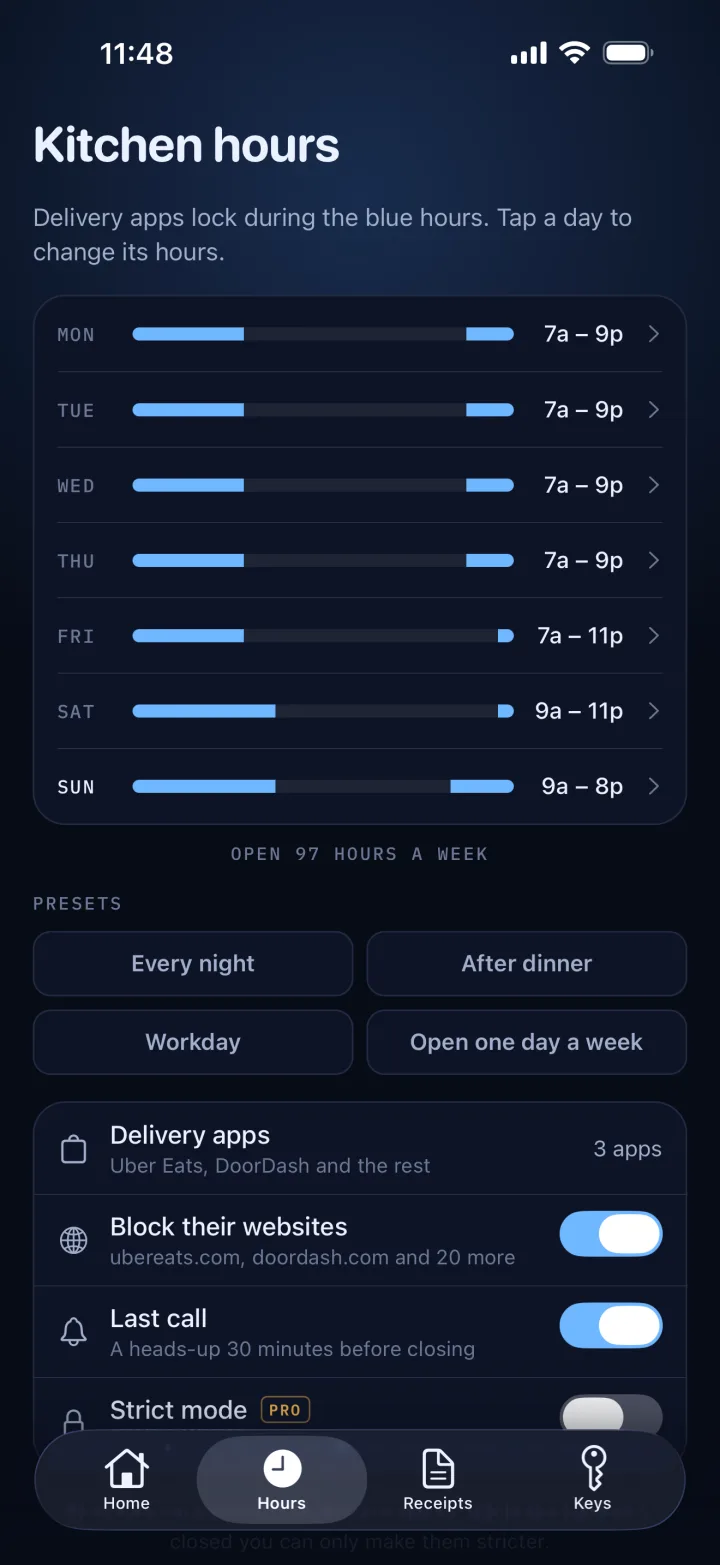 Kitchen hours: delivery apps lock from 9 PM most nights and 11 PM on Fridays and Saturdays.