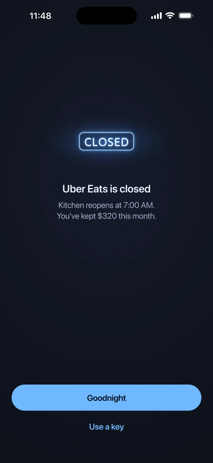 What Uber Eats shows at 11:48 PM: Uber Eats is closed. Kitchen reopens at 7:00 AM.
