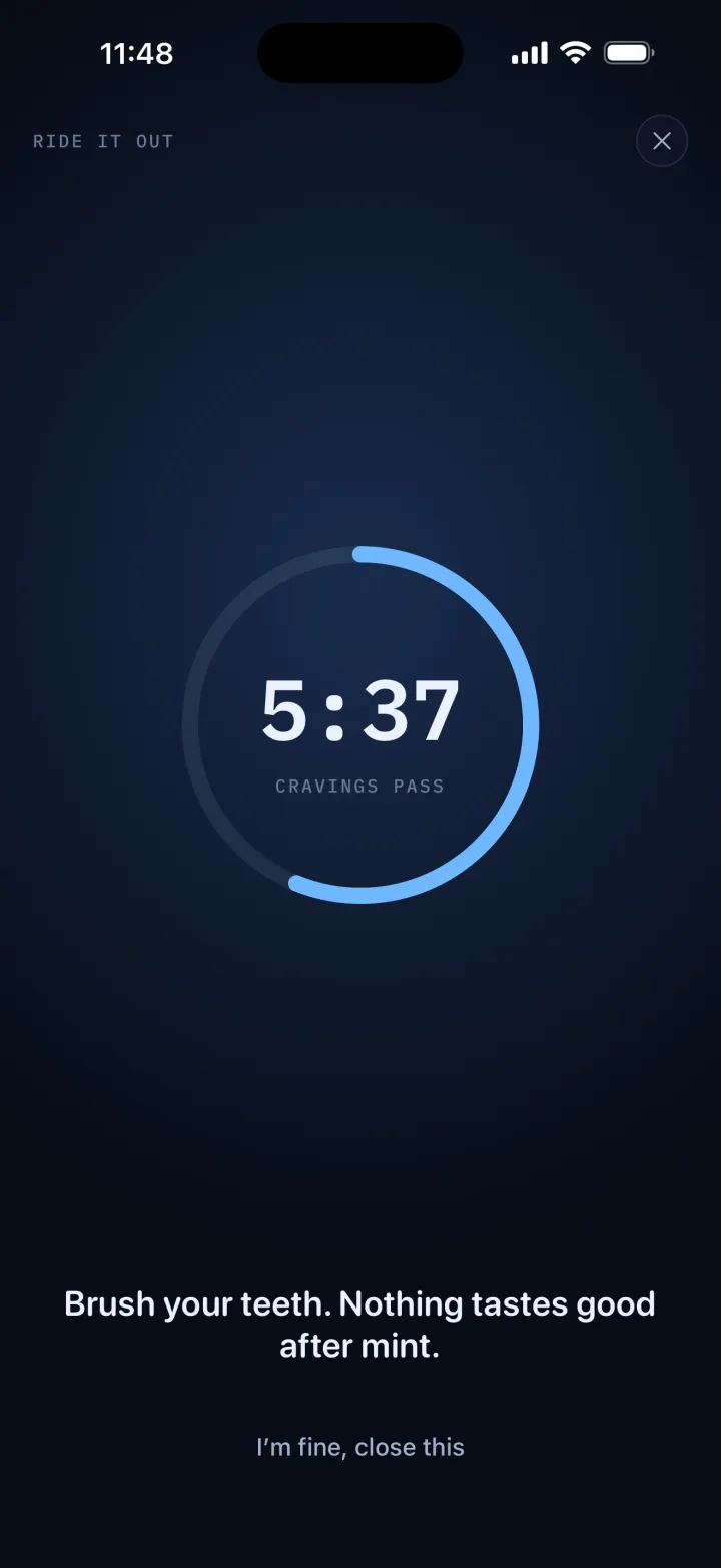 The ride-it-out timer at 5:37, with a tip: brush your teeth, nothing tastes good after mint.
