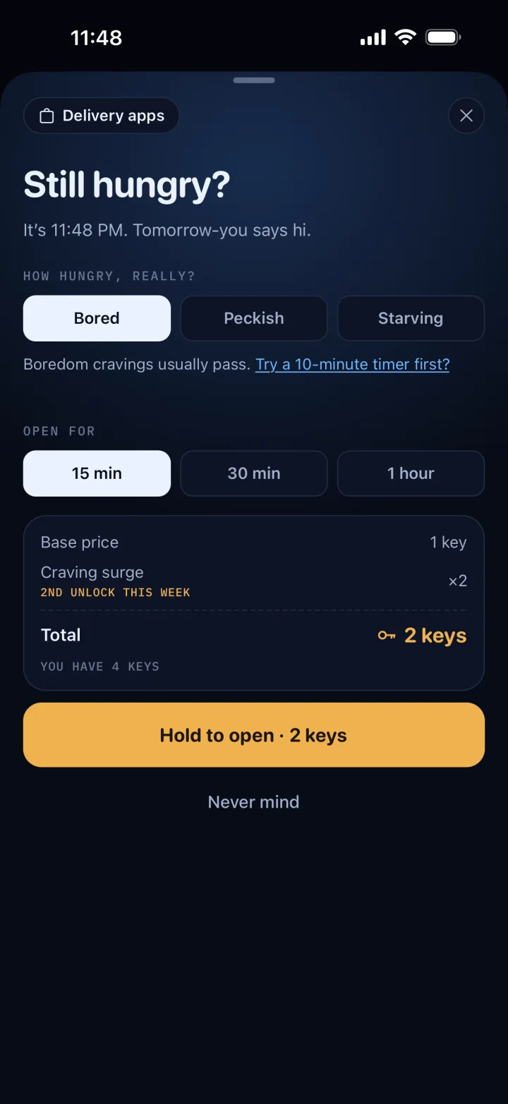 The unlock sheet at 11:48 PM: how hungry, really? A second unlock this week costs 2 keys.